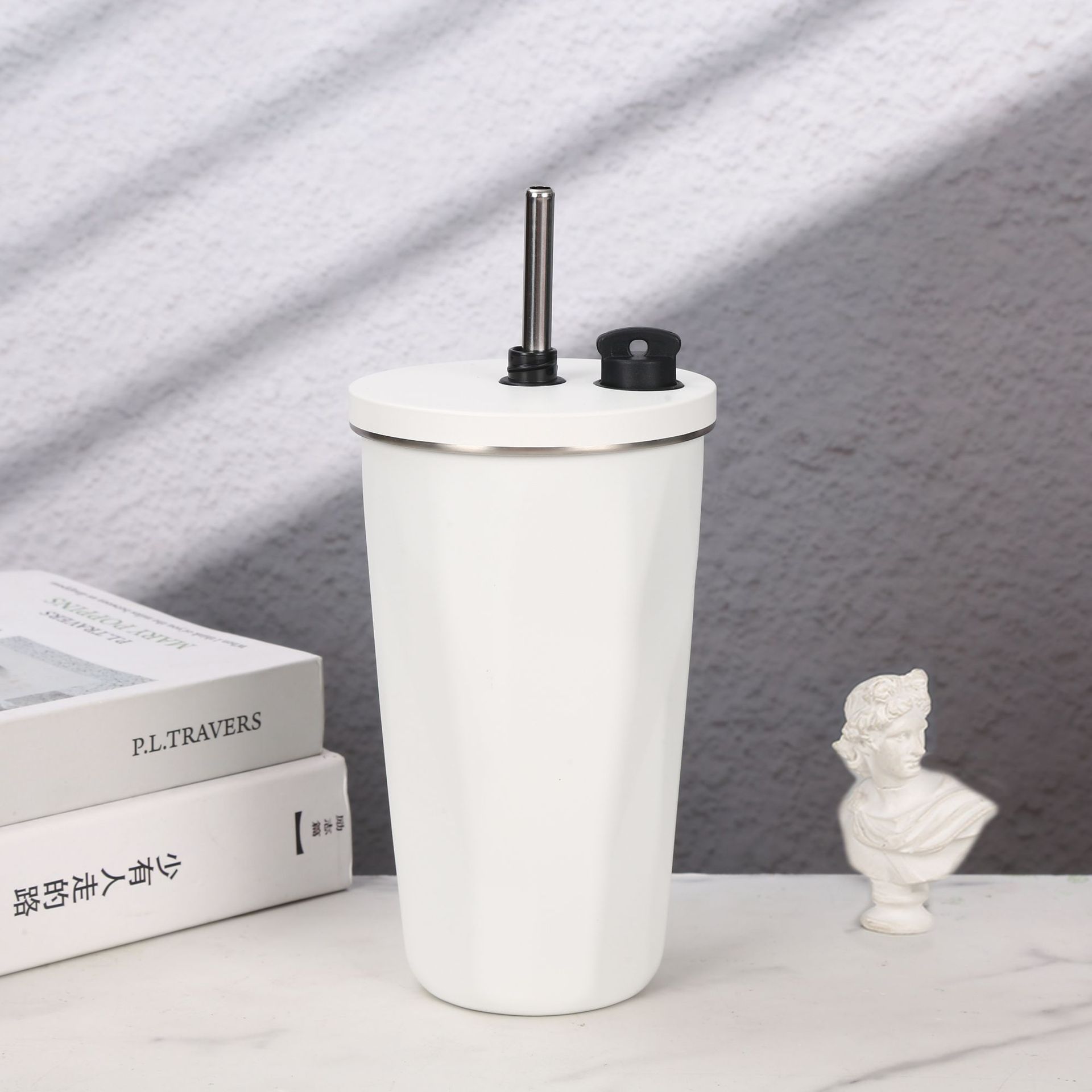 Retractable coffee cup with straw -304 stainless steel - vacuum seal cap Rhomboid cup - Double decker car cup