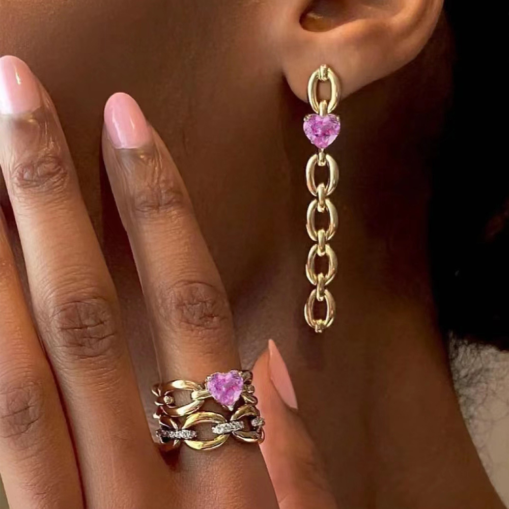 Fashion Interlocking Chain Eardrop -Love Heart Zircon Earrings- Plated Gold Chain- Long Earrings Jewelry For Women