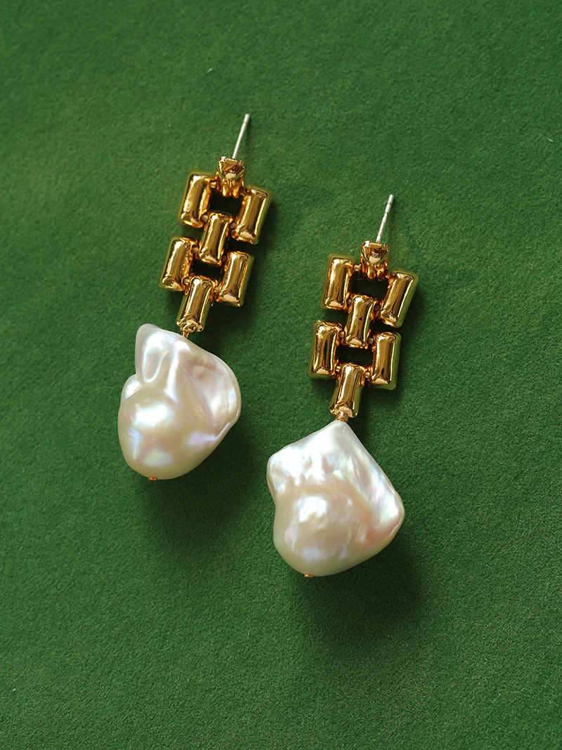 Vintage Baroque Chain - Pearl Earrings -ins Blogger - Fresh Water Baroque Pearl Chain - Earrings