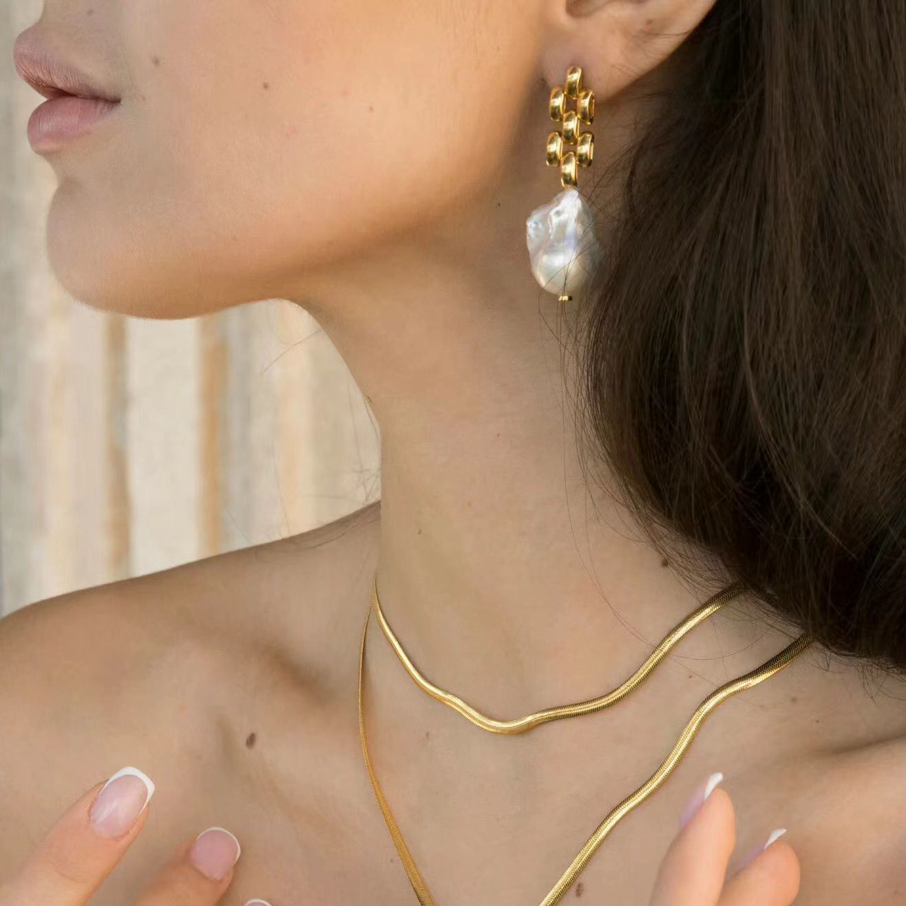 Vintage Baroque Chain - Pearl Earrings -ins Blogger - Fresh Water Baroque Pearl Chain - Earrings