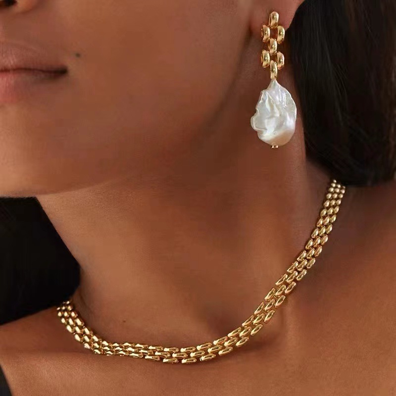 Vintage Baroque Chain - Pearl Earrings -ins Blogger - Fresh Water Baroque Pearl Chain - Earrings