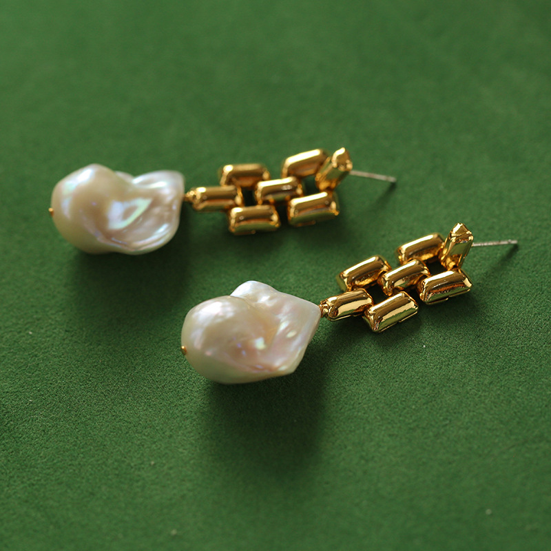 Vintage Baroque Chain - Pearl Earrings -ins Blogger - Fresh Water Baroque Pearl Chain - Earrings