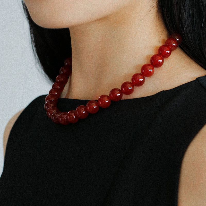 Fashion vintage - Red agate round bead necklace - Personality fashion - Trend - Niche beaded necklace