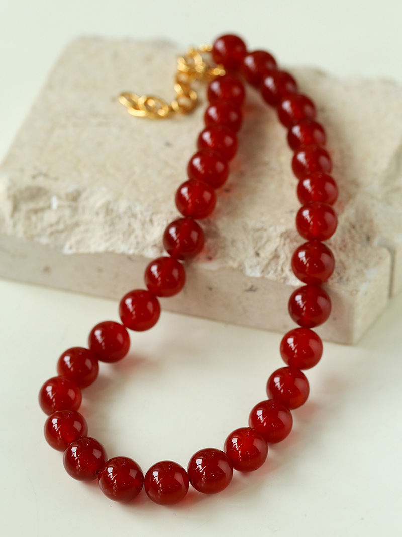 Fashion vintage - Red agate round bead necklace - Personality fashion - Trend - Niche beaded necklace