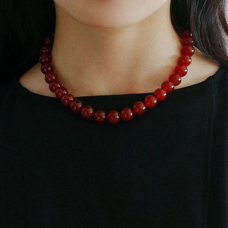 Fashion vintage - Red agate round bead necklace - Personality fashion - Trend - Niche beaded necklace