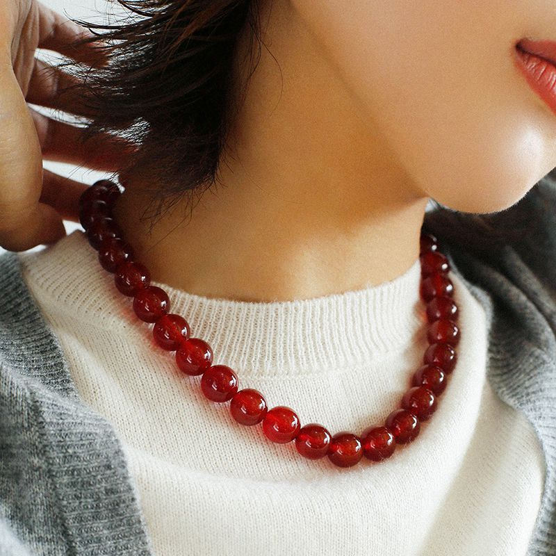 Fashion vintage - Red agate round bead necklace - Personality fashion - Trend - Niche beaded necklace