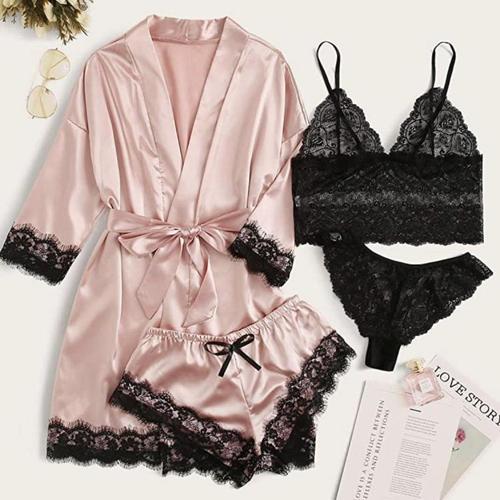 WDIRARA Women's 4 Pieces Satin Floral Lace Cami Top Lingerie Pajama Set with Robe Comfortable Breathable Lingerie
