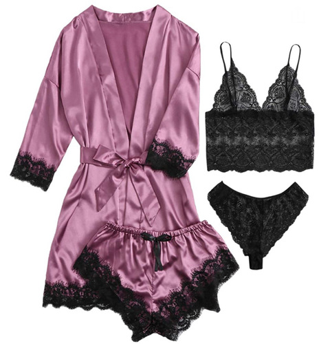 WDIRARA Women's 4 Pieces Satin Floral Lace Cami Top Lingerie Pajama Set with Robe Comfortable Breathable Lingerie