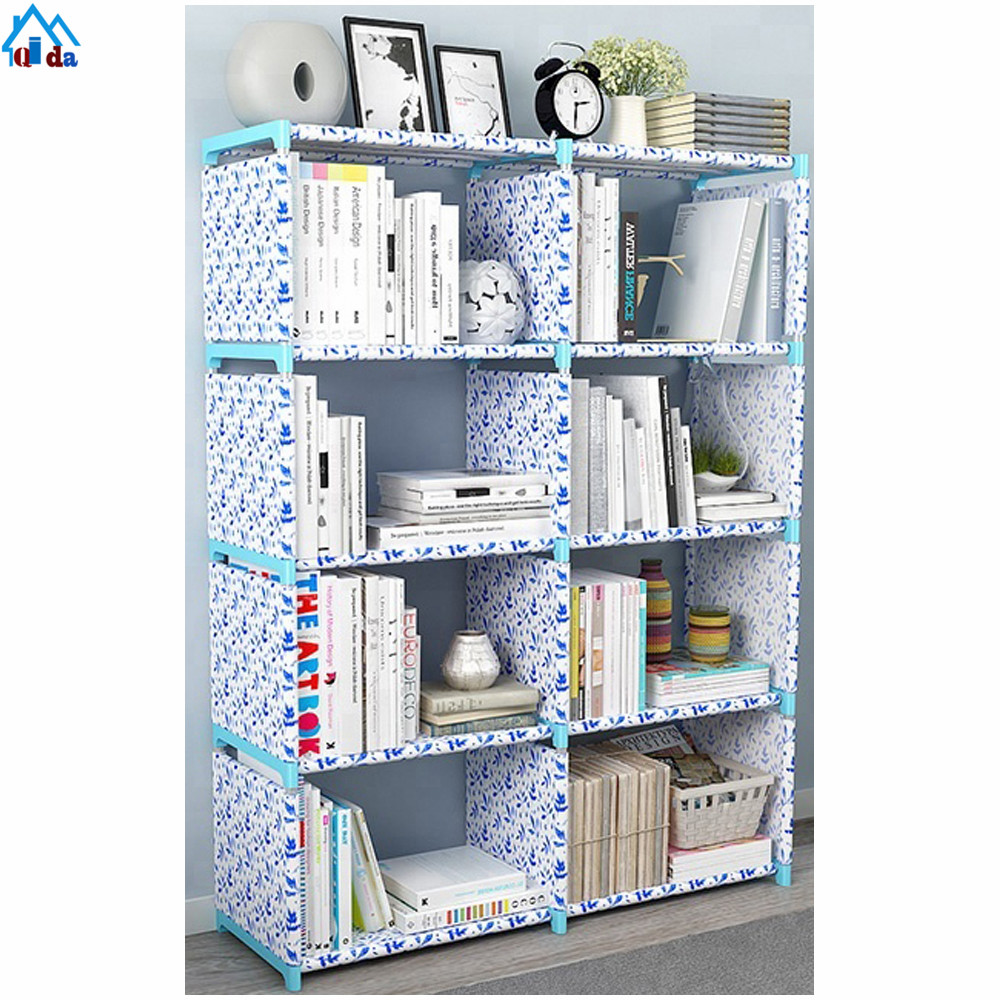 4 Cubes Blue Flower Design Bookcase Plastic Shelves