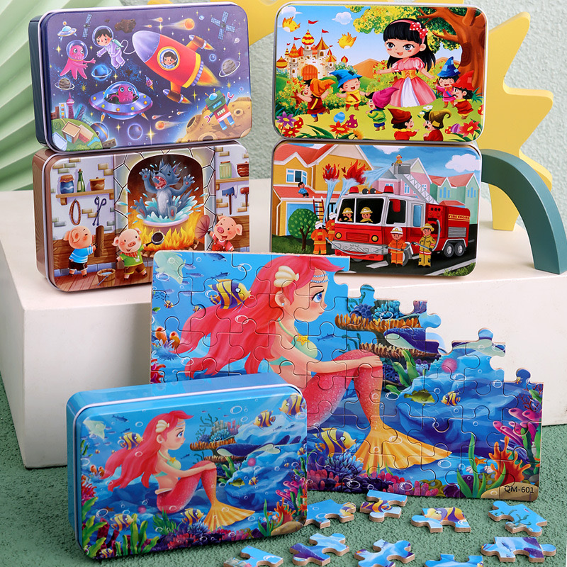 60-Piece Wooden Jigsaw Puzzle in a Tin Box: Kids' Educational Brain Teaser Game