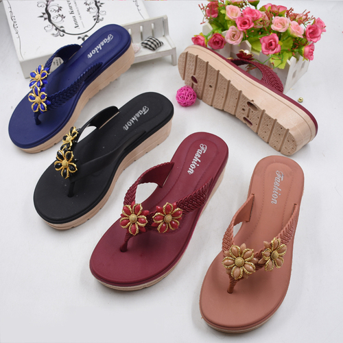 New design ladies shoes women high heel slope beach summer outdoor fashion flip flops
