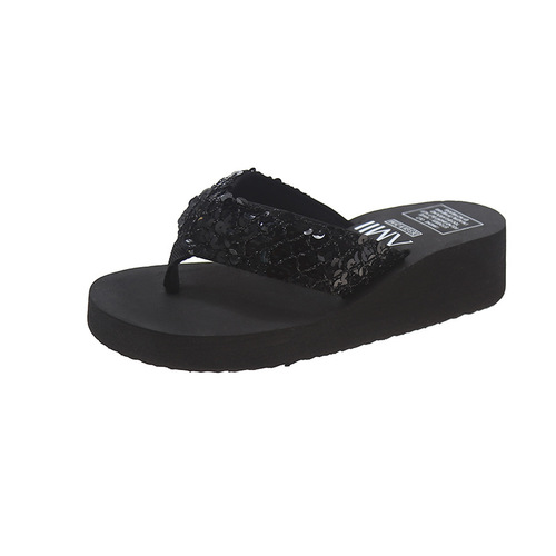 Sequined Wedge Heel Thick Bottom Home Slippers Beach Shoes Ladies Flip Flop Beach Slippers Women