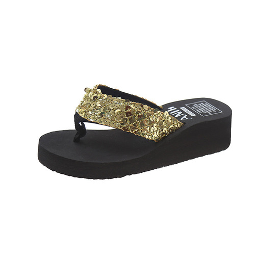 Sequined Wedge Heel Thick Bottom Home Slippers Beach Shoes Ladies Flip Flop Beach Slippers Women