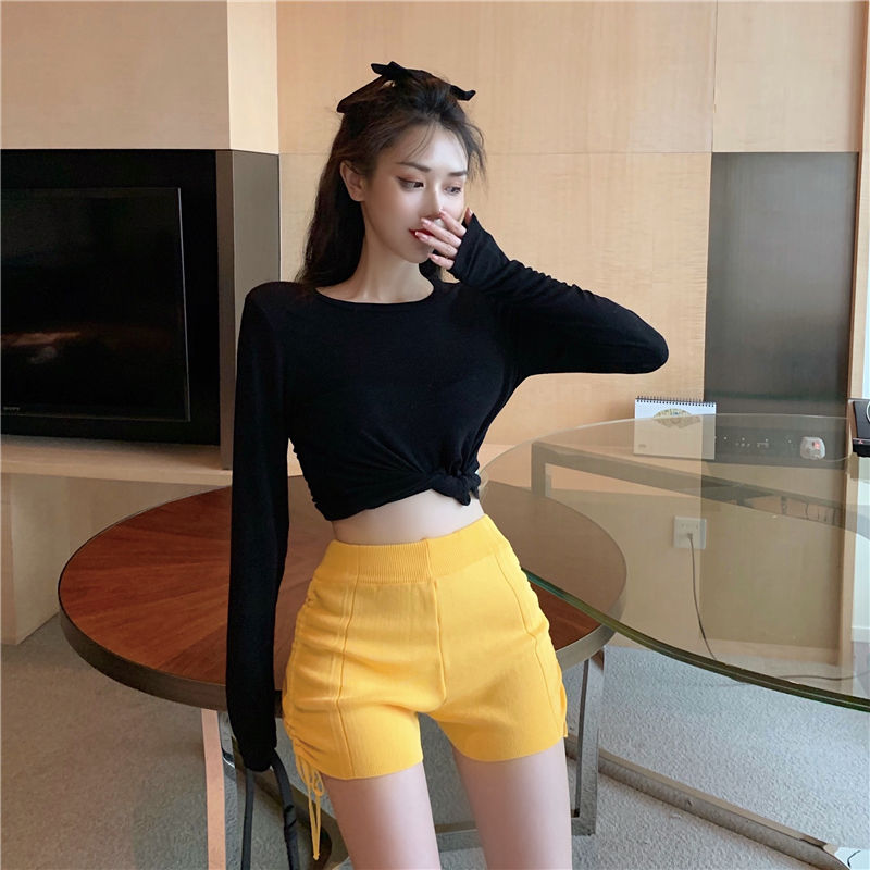 Mesh Red ins Shorts Women's High Waist Strap Side Split Casual Pants Tight Slim Elastic Wrap Hip Sexy Ice Silk Summer