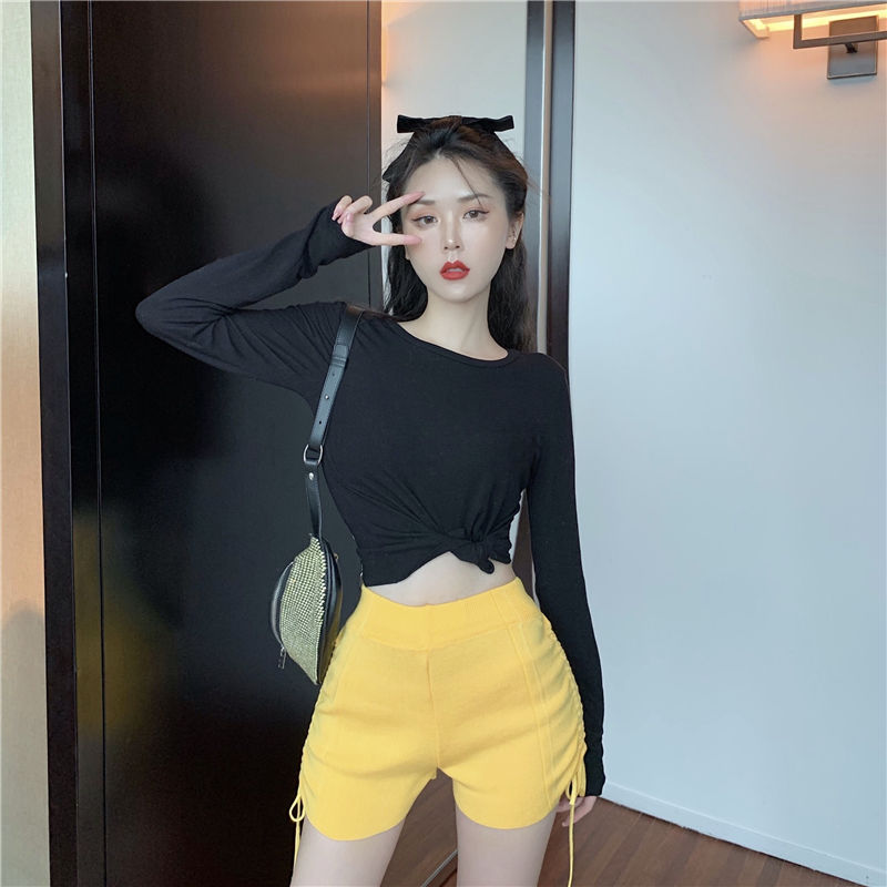 Mesh Red ins Shorts Women's High Waist Strap Side Split Casual Pants Tight Slim Elastic Wrap Hip Sexy Ice Silk Summer