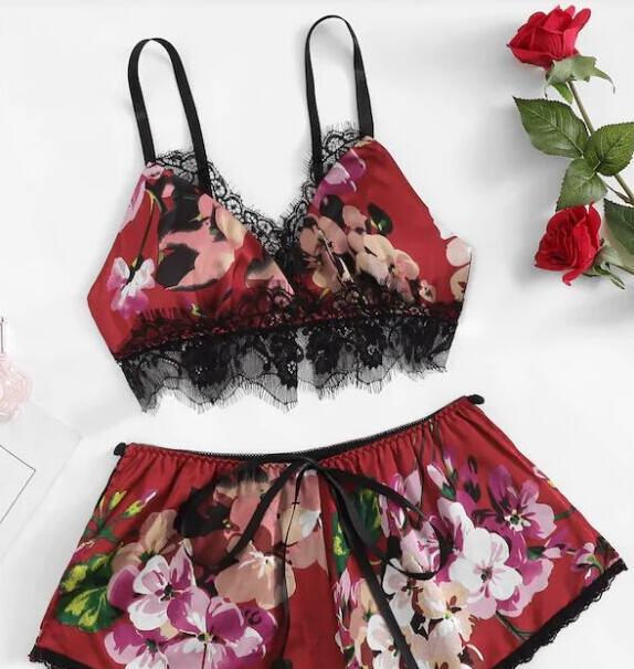  satin flower printed Satin Pajamas Set Lace Trim Top and Shorts Lingerie Pj Set girls valentine women's sleepwear