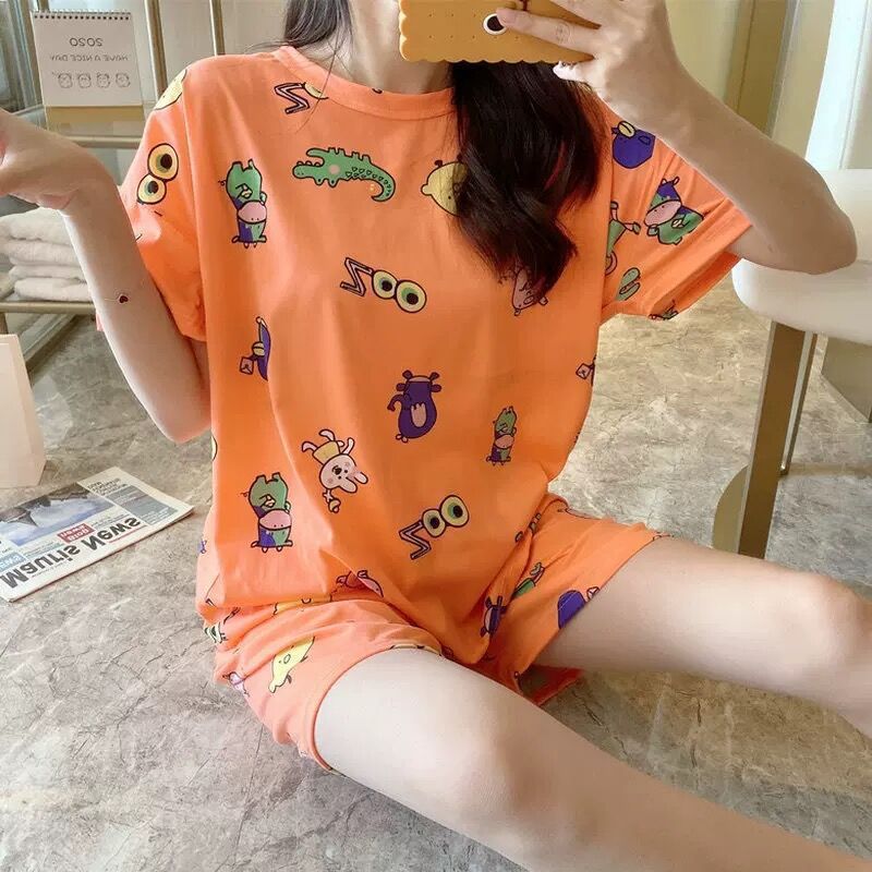 Summer Women's Cartoon Print Pajamas Ladies Pajamas Short Sleeve Shorts Sleepwear Girls Cute Printing Home Wear onesie w