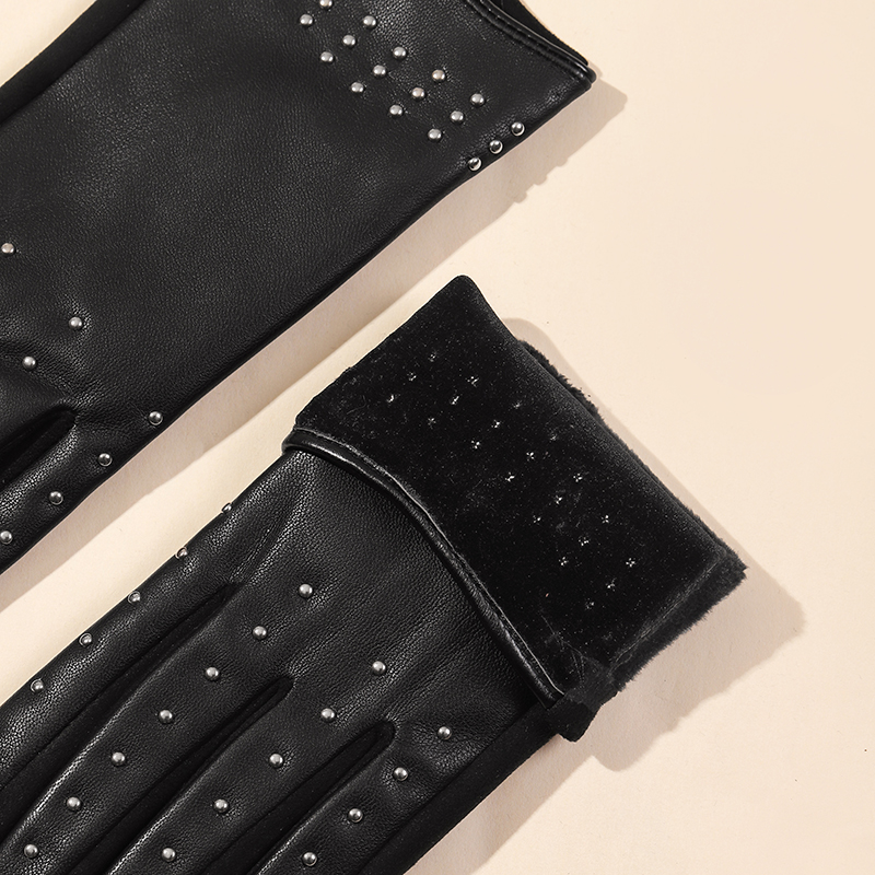 Winter warm black fashion AB PU finger Women's gloves