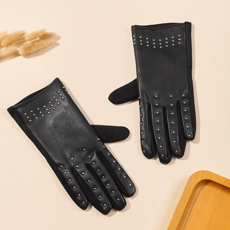Winter warm black fashion AB PU finger Women's gloves