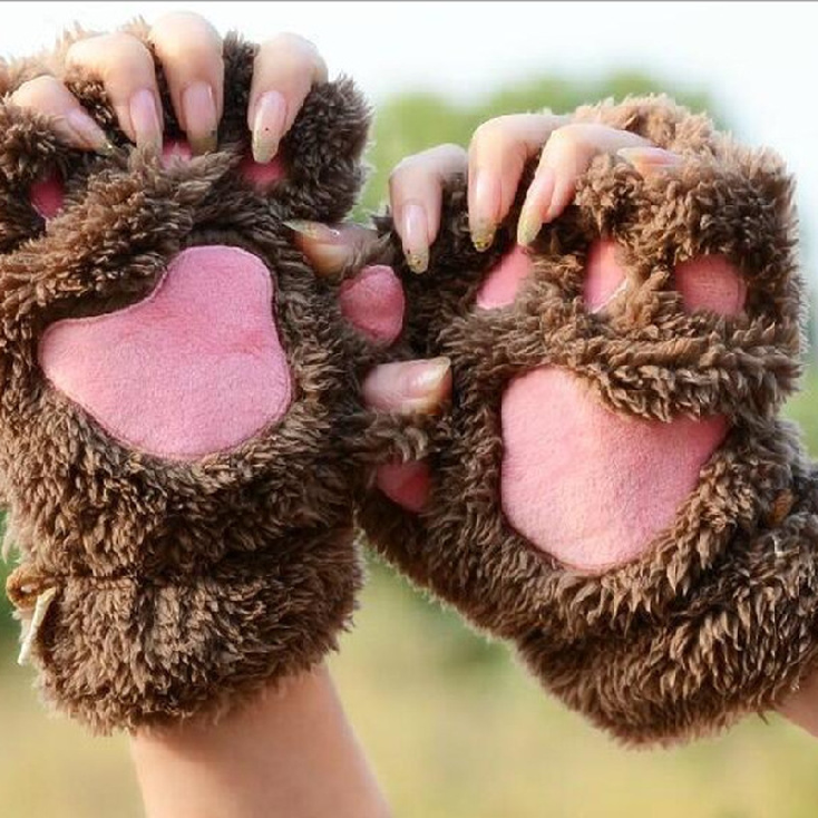 Cute Winter Warm Plush Cat Paw Fingerless Gloves Woman Fuzzy Bear Claw Thick Faux Fur Half Finger Soft Mitten Gloves