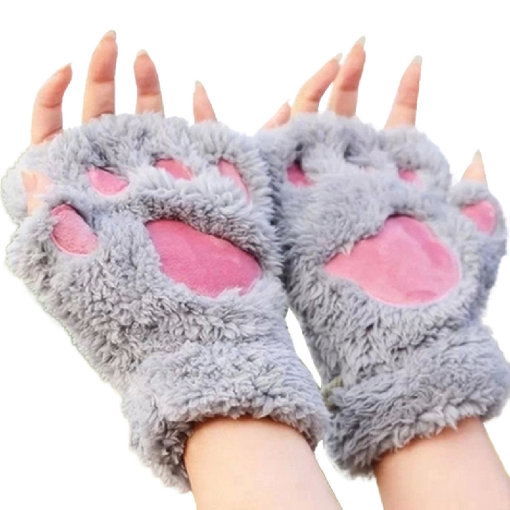 Cute Winter Warm Plush Cat Paw Fingerless Gloves Woman Fuzzy Bear Claw Thick Faux Fur Half Finger Soft Mitten Gloves