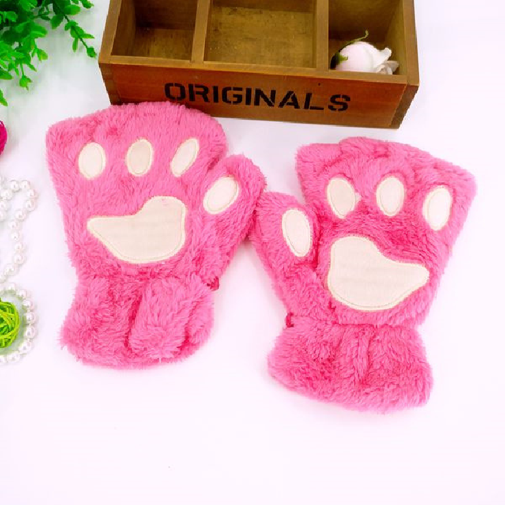 Cute Winter Warm Plush Cat Paw Fingerless Gloves Woman Fuzzy Bear Claw Thick Faux Fur Half Finger Soft Mitten Gloves