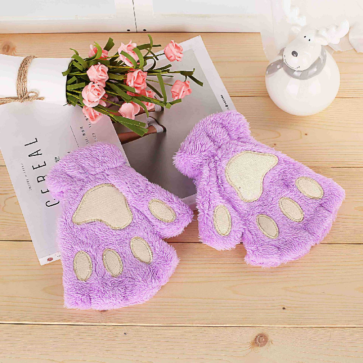 Cute Winter Warm Plush Cat Paw Fingerless Gloves Woman Fuzzy Bear Claw Thick Faux Fur Half Finger Soft Mitten Gloves