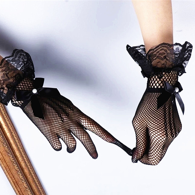 Black Bowknot Jacquard Glove Women Fashion Lace Fabric Bridal Gloves for Wedding Party Decoration