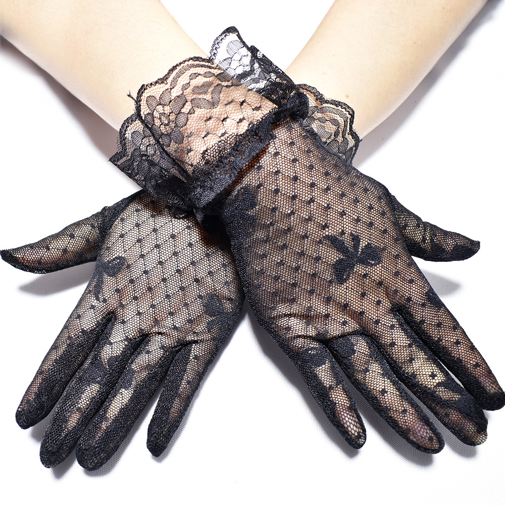 New Women's Summer Sunscreen Gloves Plaid Mesh Bowknot Creative Black Lace Lace Etiquette Gloves Female