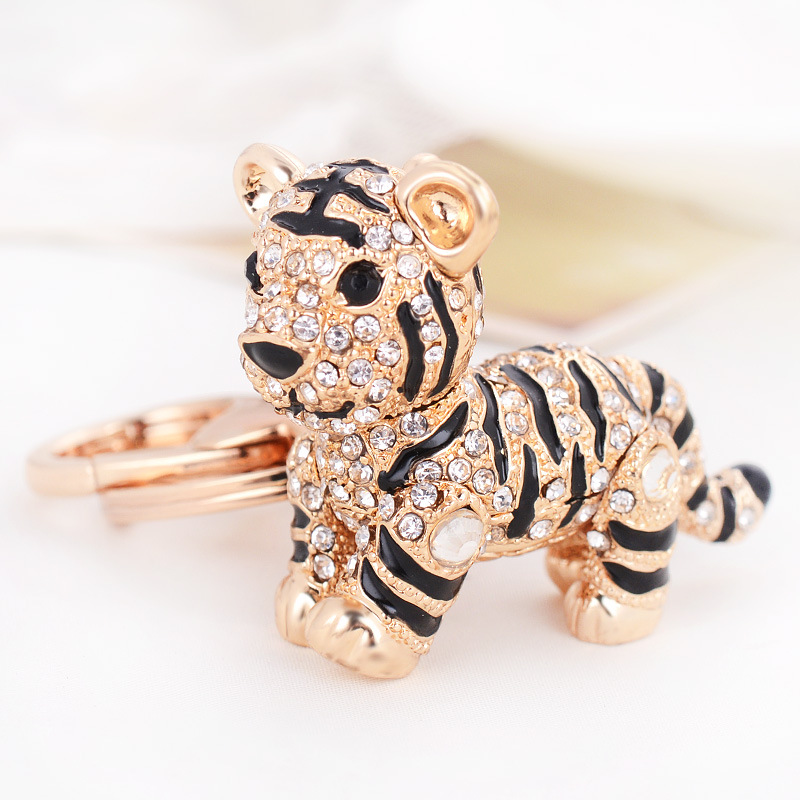 Fashion Crystal Diamond Animal Tiger Car Key Ring Women Rhinestone Tiger Keychain 