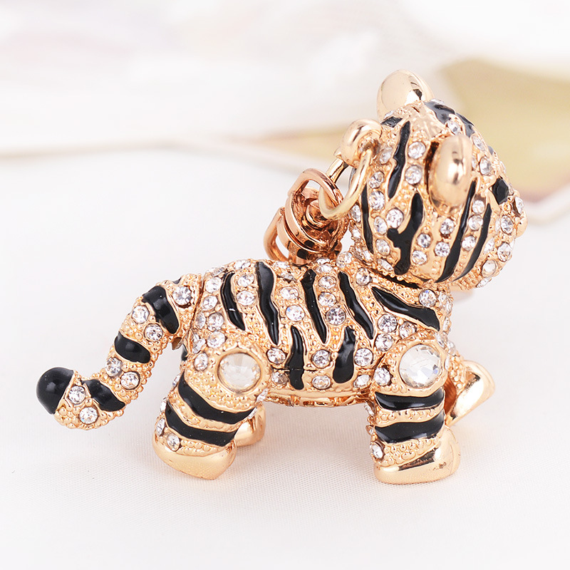 Fashion Crystal Diamond Animal Tiger Car Key Ring Women Rhinestone Tiger Keychain 