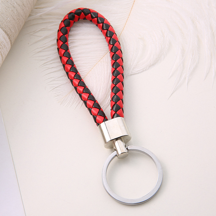 Luxury Colorful Leather Key Chains PU Leather Keychain Pop Metal Car Keyring Weave Braided Key chain