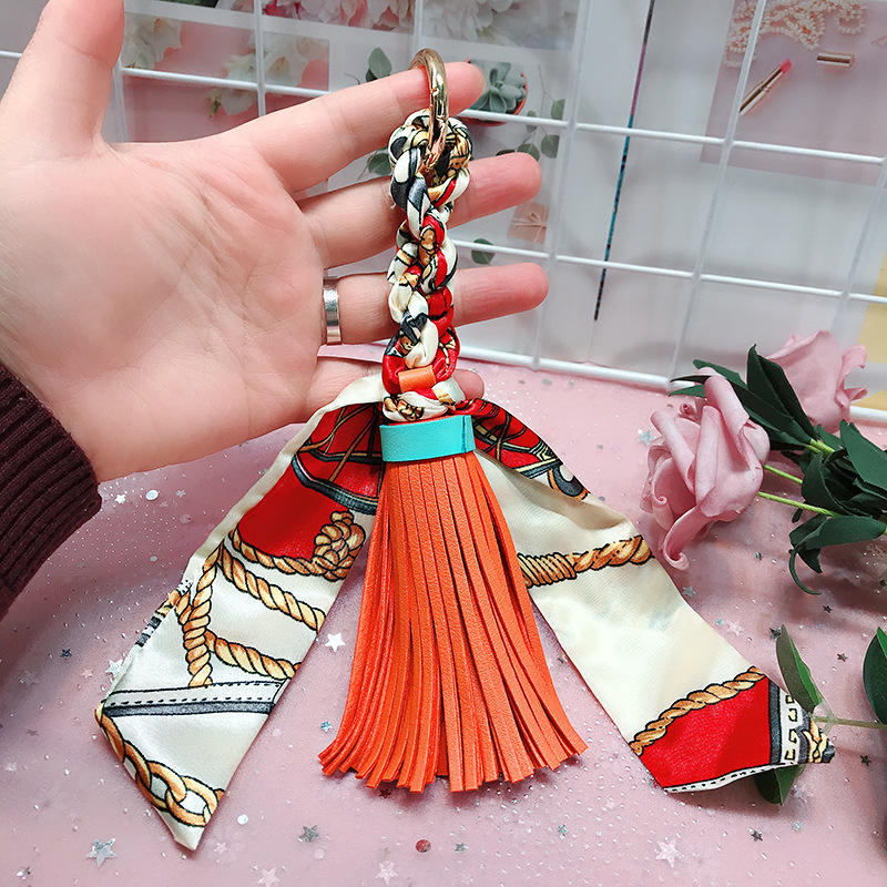 Lilangda Leather Tassel Satin Silk Scarves Keychain Bowknot Scarf Keyring Holder Woman HandBag Car Purse Bag Key Chains 