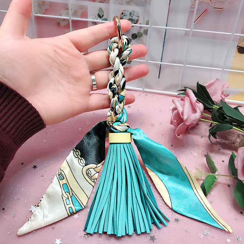 Lilangda Leather Tassel Satin Silk Scarves Keychain Bowknot Scarf Keyring Holder Woman HandBag Car Purse Bag Key Chains 