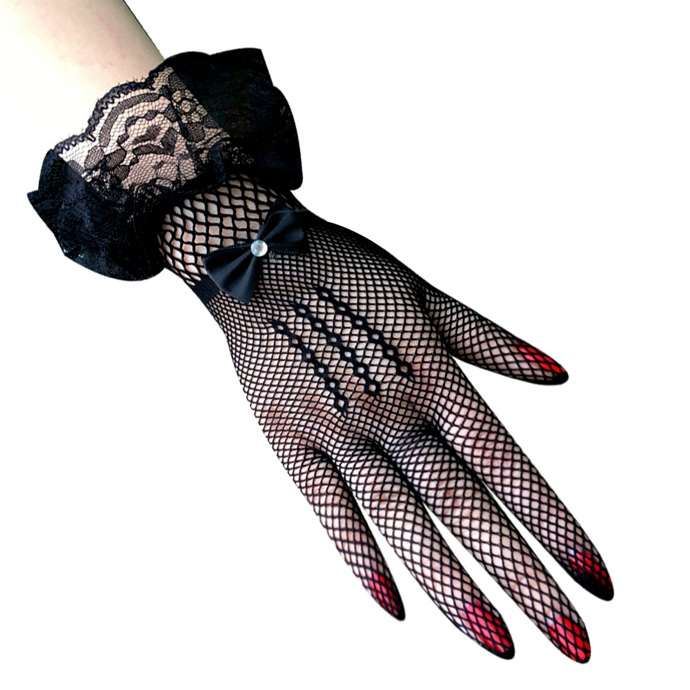  Women Black White Summer Driving Fashion Lace Gloves Full Finger Girls Bridal Mesh Fishnet Gloves