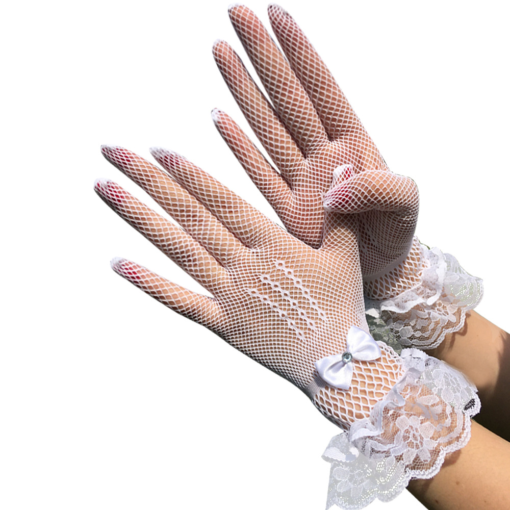  Women Black White Summer Driving Fashion Lace Gloves Full Finger Girls Bridal Mesh Fishnet Gloves
