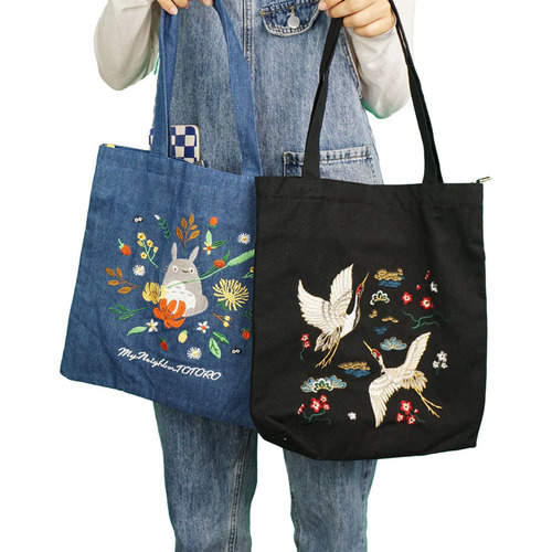 Vibrant Chinese Art Embroidered Tote Bag Colorful Cotton Canvas Handbag