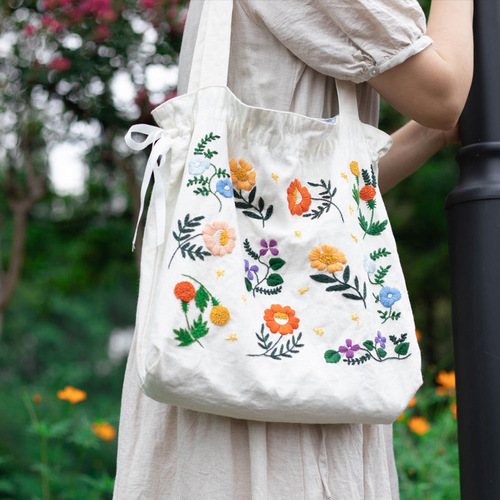 Vibrant Chinese Art Embroidered Tote Bag Colorful Cotton Canvas Handbag