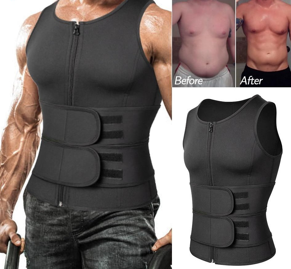 Men's Body Sculpting Waist Trainer - Compression Apparel Sauna Set - Sports Vest - Weight Loss Weight Vest Shake Calorie