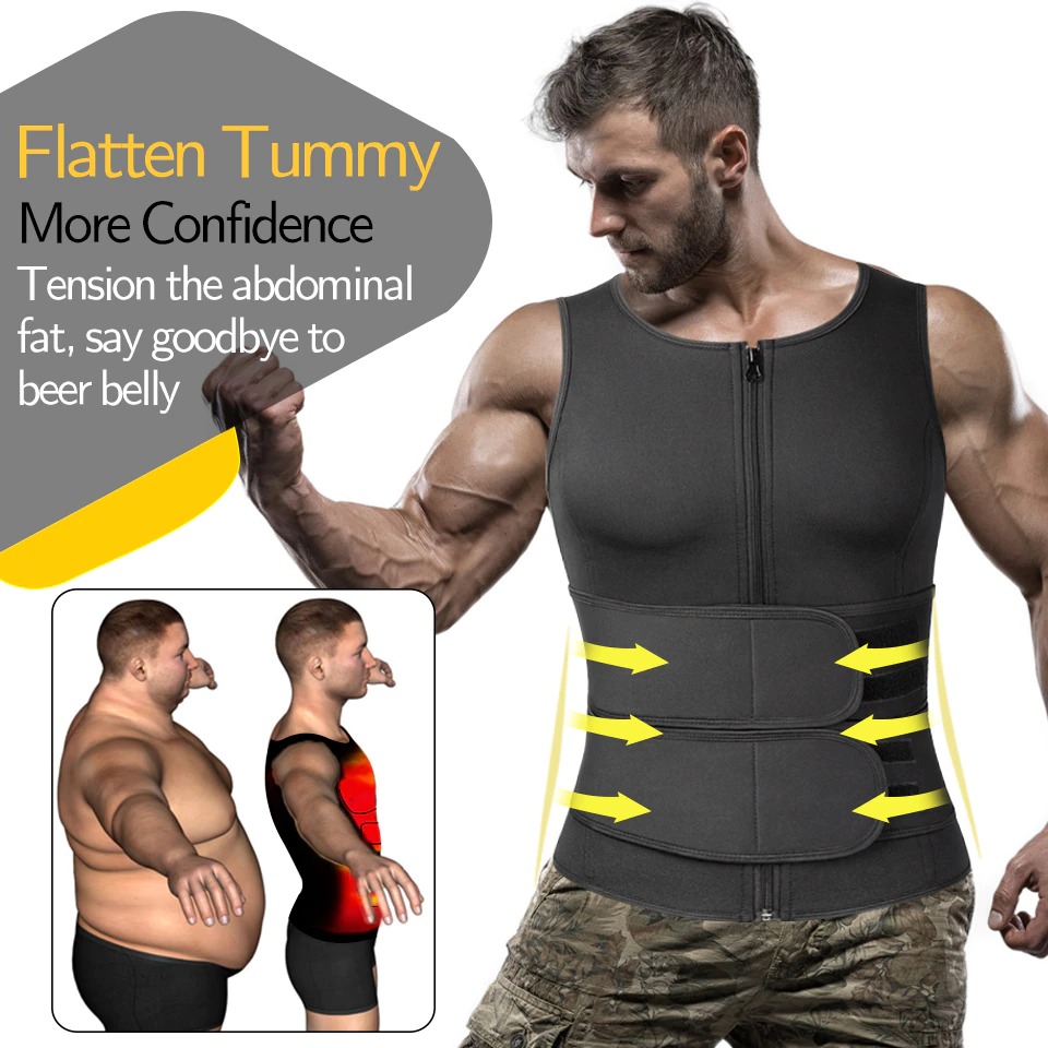 Men's Body Sculpting Waist Trainer - Compression Apparel Sauna Set - Sports Vest - Weight Loss Weight Vest Shake Calorie