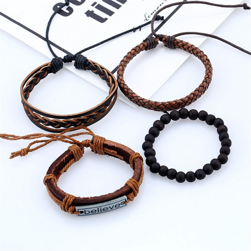 New Arrival Punk Style Black Stone Beaded Braided Leather  Engraving Believe Faith Bracelets