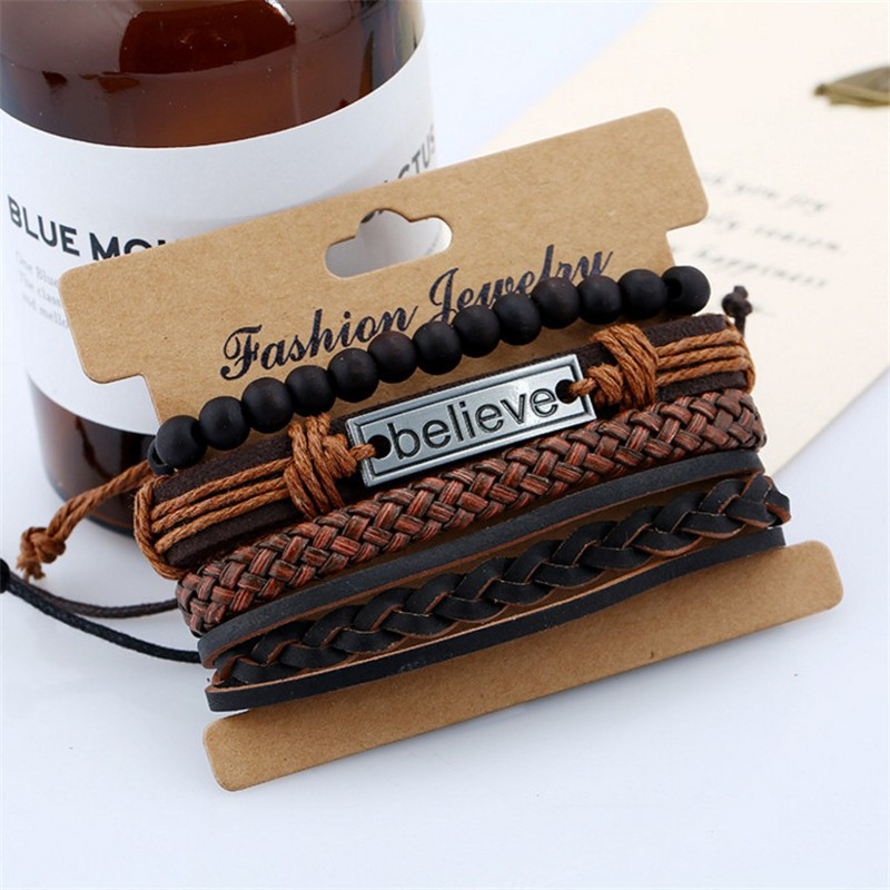 New Arrival Punk Style Black Stone Beaded Braided Leather  Engraving Believe Faith Bracelets