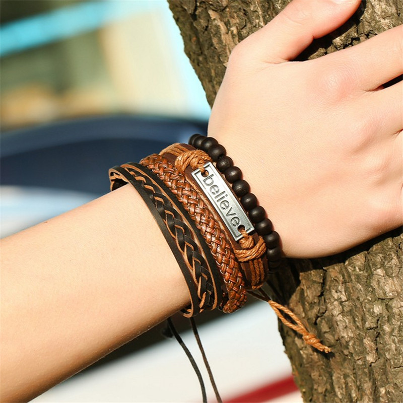 New Arrival Punk Style Black Stone Beaded Braided Leather  Engraving Believe Faith Bracelets