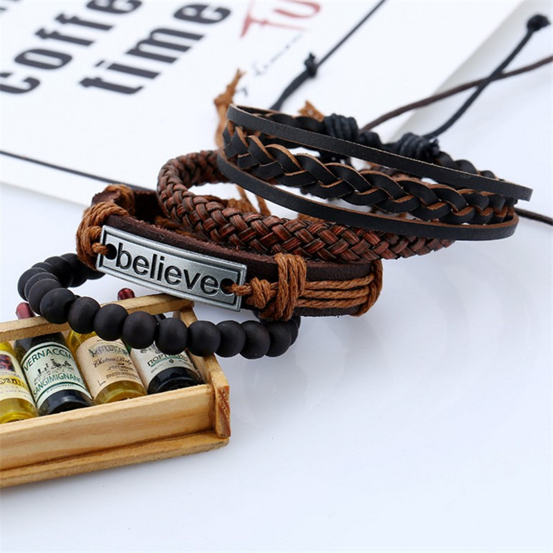 New Arrival Punk Style Black Stone Beaded Braided Leather  Engraving Believe Faith Bracelets