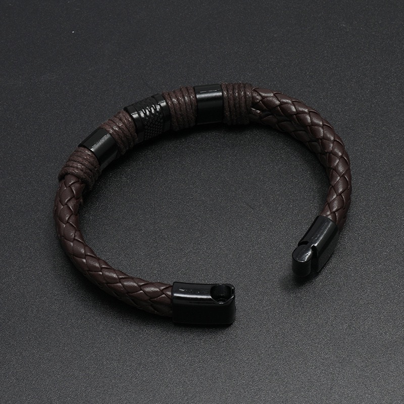 New Punk Black Brown Braid Leather Bracelets Men Cool Stainless Steel Bracelets