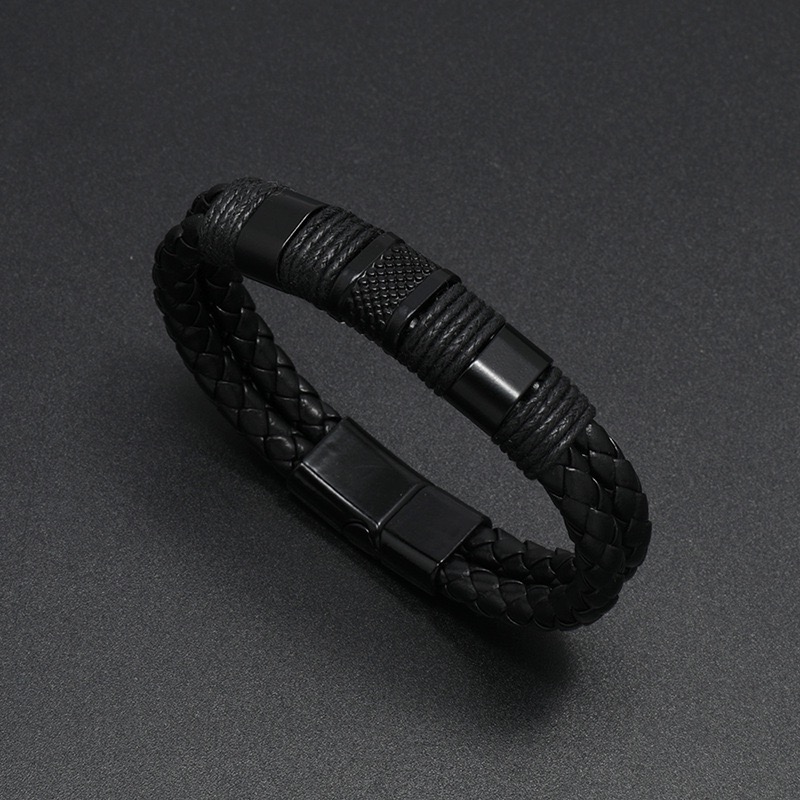 New Punk Black Brown Braid Leather Bracelets Men Cool Stainless Steel Bracelets