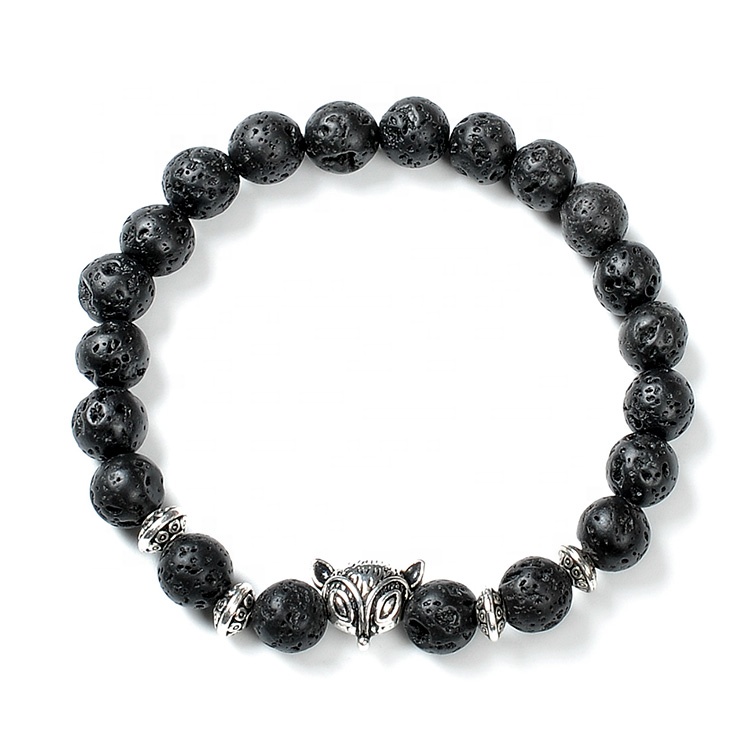 F108  new arrivals 8mm Gold Sliver Fox Lava Stone Bead  Jade Lucky Charm  Metal Gelang Oil Diffuser Bracelet M