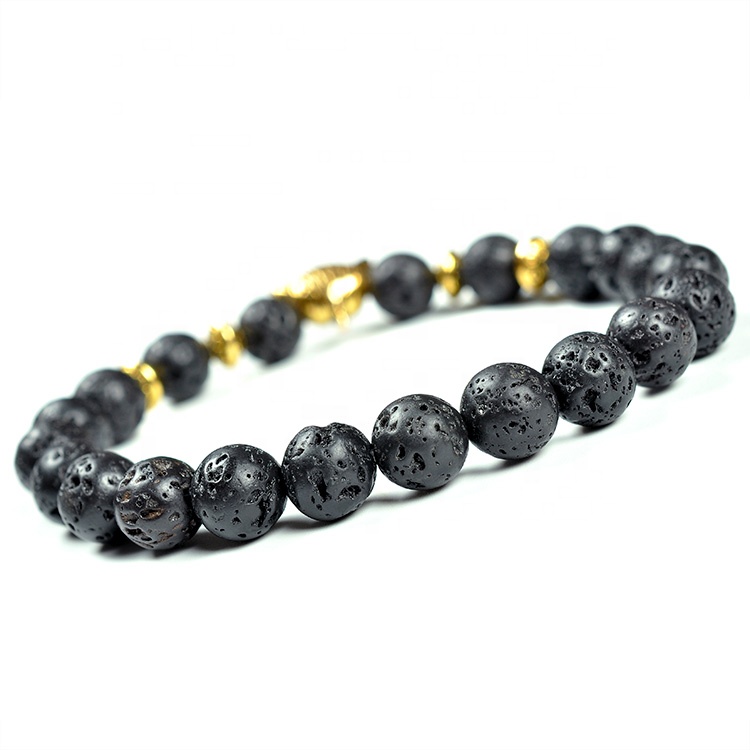 F108  new arrivals 8mm Gold Sliver Fox Lava Stone Bead  Jade Lucky Charm  Metal Gelang Oil Diffuser Bracelet M