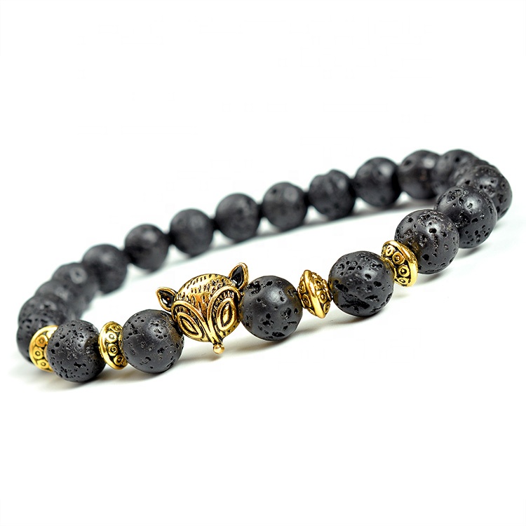 F108  new arrivals 8mm Gold Sliver Fox Lava Stone Bead  Jade Lucky Charm  Metal Gelang Oil Diffuser Bracelet M