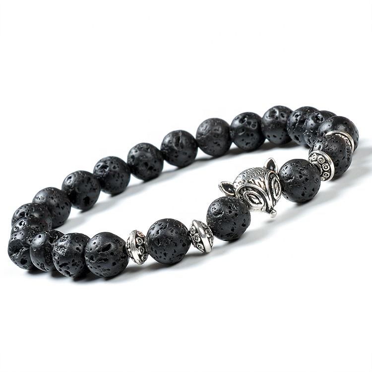 F108  new arrivals 8mm Gold Sliver Fox Lava Stone Bead  Jade Lucky Charm  Metal Gelang Oil Diffuser Bracelet M